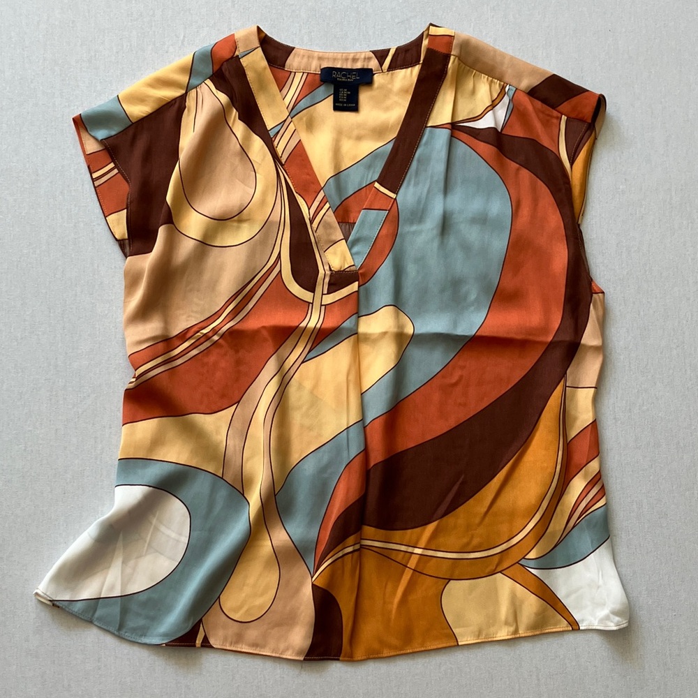 RACHEL Rachel Roy Abstract Cap-Sleeve Blouse in Blue, Orange, Brown and Cream